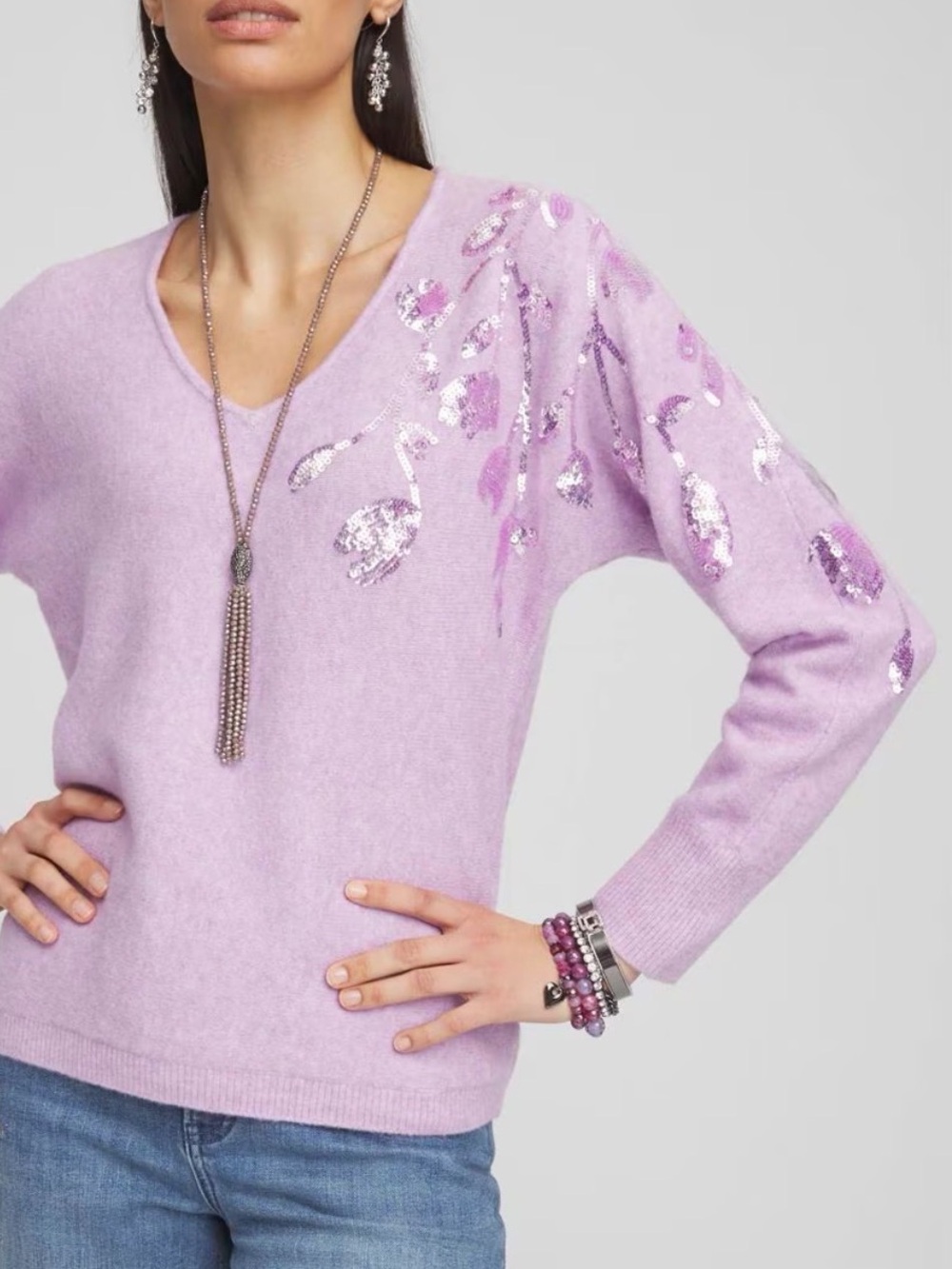 Chico’s Sequin Embellished V-Neck Sweater in Lavender, Size Medium